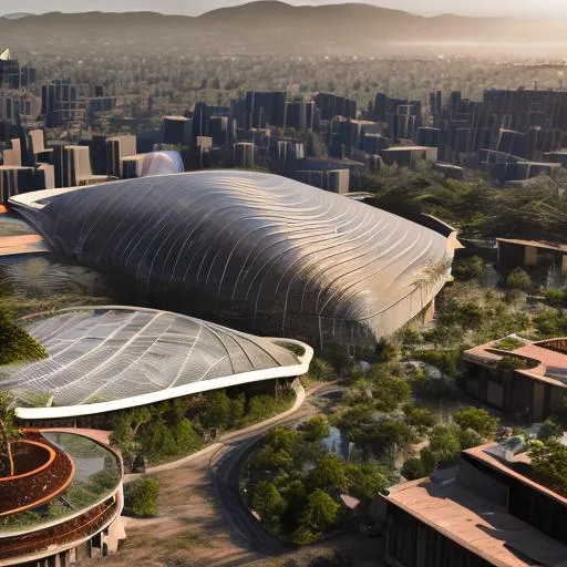 Prompt: modern design of big advanced hospital  with a diamond and copper roof and intricate and artistic congolese minerals details with elements of precolonial Congolese inspiration inmodern kinshasa, volumetric natural light wakanda style, cinematic light, ultra realistic, vray, far view, perspective landscape