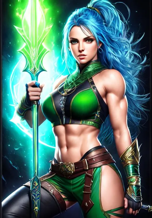 Prompt: UHD, , 8k, high quality, poster art, (( Aleksi Briclot art style)), Britney spear, hyper realism, Very detailed, full body, muscular, view of a young wielding magic in hands, blue hair, green skin. very green skin, mythical, ultra high resolution, light and shading in 8k, ultra defined. 