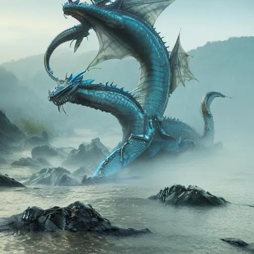 Prompt: flying water dragon, blue armor scales, mysterious fog lake background, hyper realistic, full body, chinese dragon style