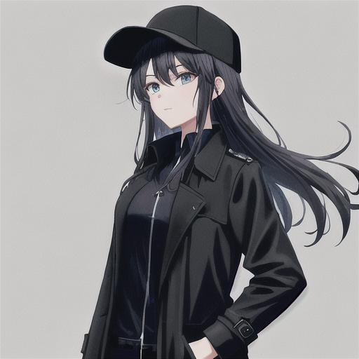 1girl, long dark blue hair, black baseball cap, blac...