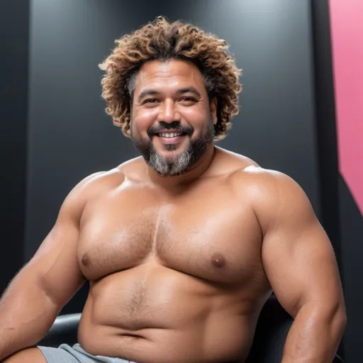 Prompt: very in-depth detail full body selfie of a very handsome, middle-aged Afro-Latino hairy chubby man with short sandy brown curly ethnic hair, light eyes, thick pink lips, "hyperreal detailed face", calm smile, attractive pink lips, moobs, fat buttocks, wearing "nothing", big junk, slightly pudgy, whole body in shot, detailed facial features, detailed locs, hyperreal, perfect composition, hyperrealistic, super detailed, 8k, high quality, sharp focus, studio photo, photography, natural light, intricate details, highly detailed, hyperrealistic, soaked, real texture, full body portrait of "insolent" hypermasculine man ,with thick "hairy muscular thighs", wearing "nothing", manspreading, huge package, arena, perfect composition, hyperrealistic, super detailed, 8k, high quality, social media travel post, sharp focus, studio photo, intricate details, highly detailed,