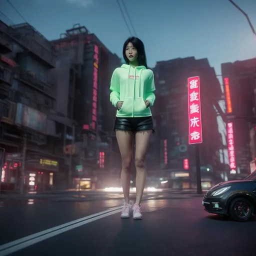 Prompt: Close-up, Gorgeous giantess Asian woman, long black hair, stunning body, large chest, in a oversized neon pink hoodie. Wearing oversized green leggings. Hyper realistic. Intricately detailed. 8k resolution. Miniature Japanese busy street. 