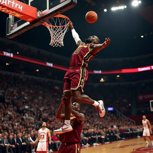 Prompt: make a picture of Lebron dunking on a gambler