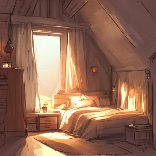 Prompt: cozy bedroom scenery concept art sketch warm colors cottagecore