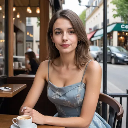 Prompt: A very beautiful French sitting. She is wearing a dress. She is at a coffee shop.