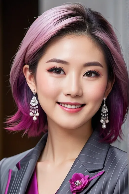 Prompt: Professional profile, beautiful Japanese woman age 25, magenta-purple gradient shoulder-length hair, vibrant gray eyes, diamond shaped face, petite nose, professional makeup, high quality, detailed, realistic, profile, elegant pinstriped apricot suit, confident expression, professional lighting, high-res, simple pearl earrings, subtle smile