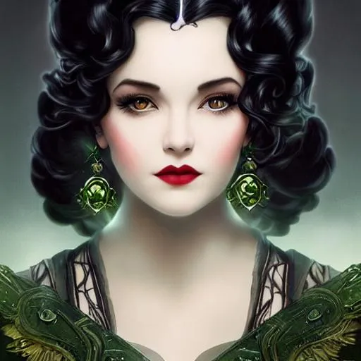 Prompt: Snow White as a vampire queen, with curly wavy black hair, green eyes, straight nose, full lips, gothic, victorian, intricate, elegant, highly detailed, digital painting, artstation, concept art, smooth, sharp focus, illustration, art by artgerm and greg rutkowski and alphonse mucha and william bouguereau
