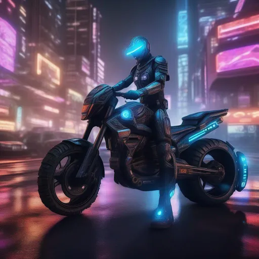 Prompt: A ultra realistic menacing futuristic psychedelic cop at night in a futuristic São Paulo, very complex build, very detailed uniform adorned with glowing cyber runes, big boots, big weapon, futuristic bike close by. realistic photography