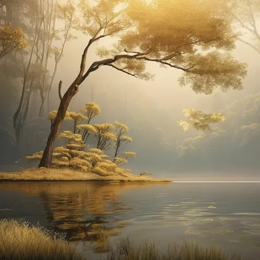 Prompt: A calm and serene art piece with gold details and has a nature theme.  Make it realistic

