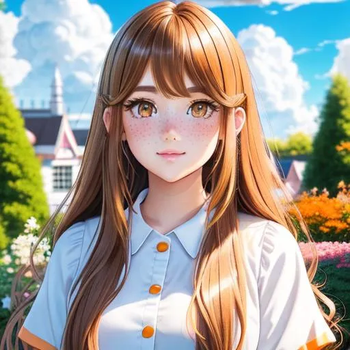 Prompt: full body picture of 1 girl, with brown long hair, add freckles on her face, Ultrarealistic hair strings, golden eyes, beautiful eyes, detail, kawaii face, cute, correct anatomy, cumulonimbus clouds, lighting, detailed sky, garden, pastel mix, orange model mix, stable diffusion, pastel mix, Lora, add face details, eyelashes, oil painting, masterpiece, Dynamic range photo, UHD quality, true color, vivid display, Real Renaissance art, oil painting, HDR, 64K pixels, Super AMOLED display, High Contrast, Lord of the rings, Game of Thrones, golden light, angel, details on face, details on background, ultrarealistic fantasy background, 