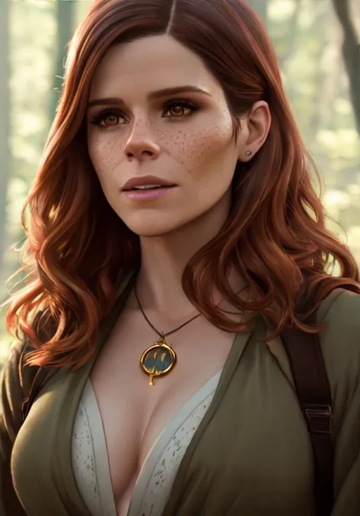 Prompt: Kate Mara, freckles, brown eyes, UHD,  Arwen depiction in forest, 8k, reflections, octane render, 8k, high quality oil painting, hyper realism, Very detailed, zoomed out view of character, full body of character,  light the rings bandit, long messy hair, sensual smile, beautiful #deep cut on left cheekbone