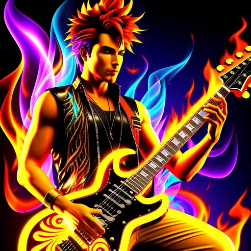 Prompt: 3D, HD, full-body, flaming action portrait of a {male as a Guitarist}, Exotic, expansive psychedelic background --s62500