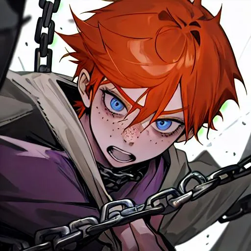 Prompt: Erikku male adult (short ginger hair, freckles, right eye blue left eye purple) 8K, Highly detailed, insane detail, best quality, high quality, holding a chain saw