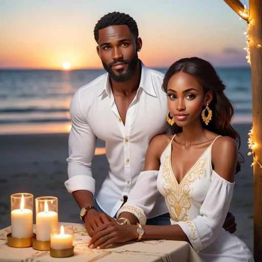 Prompt: create an image of a handsome black man with a beard, at the beach in Zanzibar having dinner at a restaurant with tablecloth and fairy lights. He's athletic built. He is wearing an embroidery white shirt, jeans with his African girlfriend, she's dressed in a beautiful white and gold dress, she's wearing jewelry, earrings, watch, bangles. A beautifully crafted ring box sitting on the table. A bottle of champagne and candlelight.   