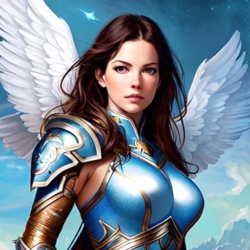 Prompt: Poster art, high-quality high-detail highly-detailed breathtaking hero ((by Aleksi Briclot and Stanley Artgerm Lau)) - ((Liv Tyler)) , Super hero pose, Baby blue and white armour, white angel wings, ethereal background, full form, epic, 8k HD, fire, sharp focus, ultra realistic clarity. Detailed face, portrait, realistic, close to perfection 