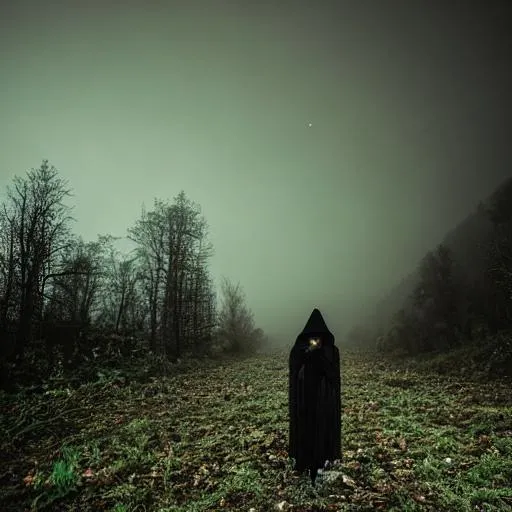 Prompt: Evil witch goddess, dark woods, dark night sky, fog, High quality 