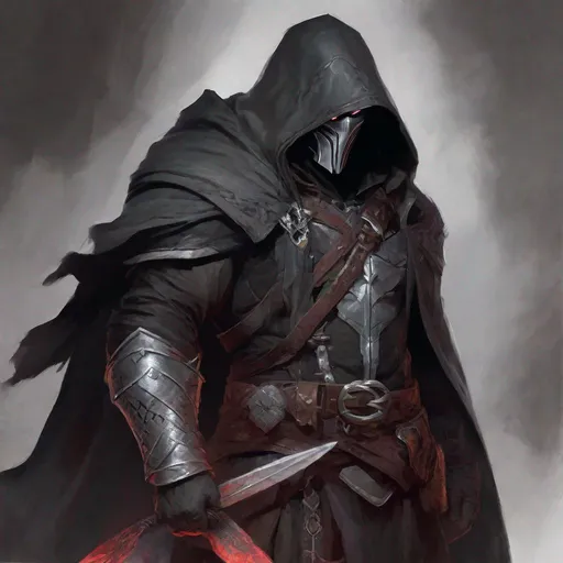 Prompt: Tall, Large, Lean, male, Solomon grundy built, black hair,  very dark grey scarred skin, covered in bandages, dark tattered cloth of a cleric of kelemvor that exposes his midriff,  mask with hood that covers his face, large ruby in chest,  Dungeons and Dragons 5th Edition, Path of the Zealot Barbarian, Undying Warlock, 20 Strength, 18 Constitution, Equip him with a very large axe.