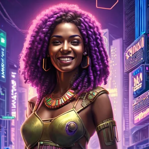 Prompt: attractive hot late-twenties african egyptian woman female, brown skin, smile, spiked purple haircut, government uniform, tropical island, solarpunk synthwave, portrait, realistic details, photorealistic, 8k render, cinematic lighting, ultra detailed