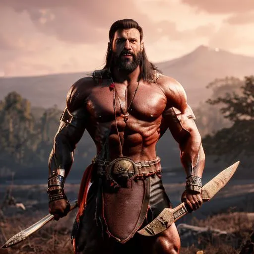 Prompt: muscular, warrior, as if he was in a 1980s dark fantasy movie, holding a large axe, screaming at his enemies, with a forest behind him and a mountain in the background and a volcano erupting and lighting in the sky