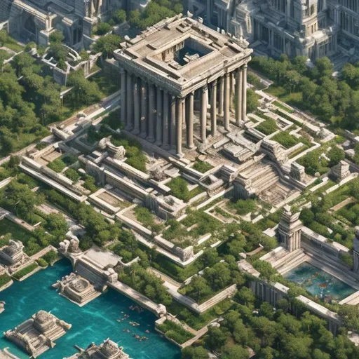 Prompt: Elevated shot of a huge gigantic building with several fountains in front of it, highly detailed cgsociety, fallen columns, very detailed paradise, many people tiny in scale walking around, hestia, wearing white robes!, in stunning digital paint, ultrarealism oil painting, garden utopia, videogame render, artists rendition