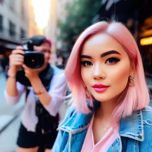 Prompt: Full body Portrait of {porn Media girl filming people on the street } with {pink} hair and with cute face, { In photo coverage hd}, full body, perfect composition, hyperrealistic, super detailed, 8k, high quality , trending art , trending on artstation , sharp focus , Realistic background image hd, intricate details, highly detailed.