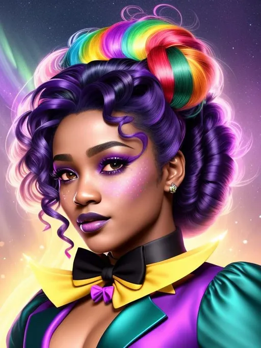 Prompt: Create an 8K resolution digital art portrait of the Goddess of the Dark Rainbow, Aurora, dark-skinned, with a young, pop, and elegant, optimistic appearance. The portrait should be a head and shoulders view, showcasing her as a trickster and entertainer, wearing a black tux and top hat. The style should be fantasy magic with tiny soft freckles, hyper-detailed painting, and dynamic lighting that creates a clear and deep color effect. Use a triadic color scheme and add Unreal Engine 5 volumetric lighting to enhance the overall effect. The portrait should be created by Greg Rutkowski, Artgerm, WLOP, Alphonse Mucha, or one of the other artists known for creating intricate and highly detailed artwork. The environment should also be detailed and intricate, featuring global illumination, and rendered in Unreal Engine 5. The overall effect should be sharp and focused, with a studio photo feel, and trending on ArtStation.