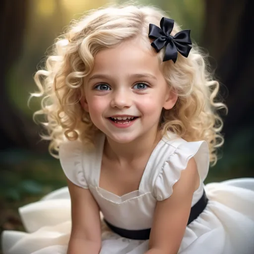 Prompt: Fantasy portrait of a joyful little princess, curly blonde hair with bow hair clip, white dress and black shoes, adorable expression, high quality, fantasy, detailed curls, happy, whimsical, magical lighting, ethereal, enchanting, professional, vibrant colors, detailed, fairy tale, fantasy style, enchanting atmosphere