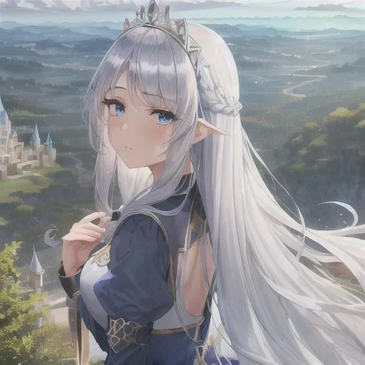Prompt: 1 girl, highly detailed blue eyes, highly detailed face, innocent looking, regal looking, regal, 8k UHD, young girl, divine, highly detailed blue dress, long sleeved, anime, long dress, fully clothed, fantasy kingdom backdrop, highly detailed back braided silver hair, slight front bangs, scenic view landscape, magical feel, aerial view, idyllic, overhead shot, determined