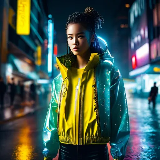 Prompt: cyborg, robot girl wearing yellow rain jacket and denim shorts in a cyber punk city, hyper realistic details, cinematic lighting, 3d, 8k