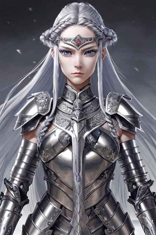 Prompt: clese-up portrait of a beautiful warrior with shiny intricate armor in epic burning battlefield of a fantastic world. She has silver shiny hair with symmetrical braids, slim face, straight nose, mythical grayish blue eyes, natural soft skin. she wears a small helm and carries a long sword and have mystical tattoo. This is a masterpiece by Amano Yoshitaka, by Yoji Shinkawa, by Greg Rutkowski. trending on artstation. [Scarlett Johansson:Audrey Hepburn:0.5]