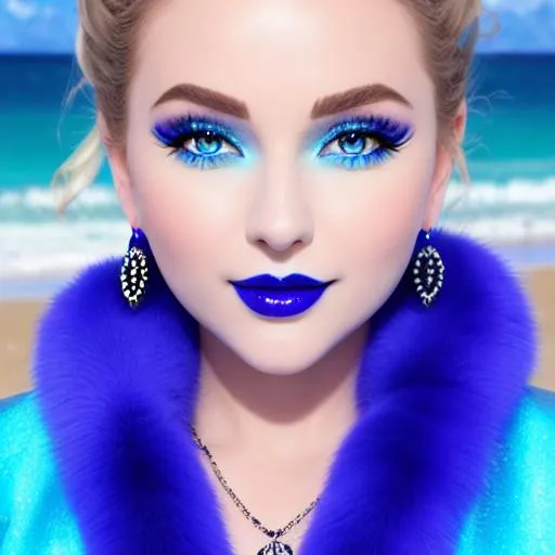 Prompt: Daisy Ridley, eating candy ice cream, blue lipstick, snowy beach, blue heart necklaces, Thick blue fur coat, Black Cape, pleasant face, blue eyes, Black-purple eyeshadow, long ice earrings. Cold color scheme, ultradetailed, 8k resolution, perfect, smooth, high quality, shiny. 