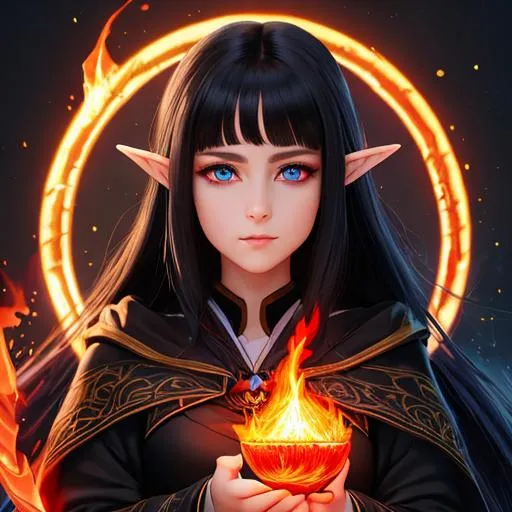 Prompt: "Full body, oil painting, fantasy, anime portrait of a young hobbit woman with flowing ash black hair and dark blue eyes, short elf ears | Elemental fire sorceress wearing intricate fiery red wizard robes casting a flame spell, #3238, UHD, hd , 8k eyes, detailed face, big anime dreamy eyes, 8k eyes, intricate details, insanely detailed, masterpiece, cinematic lighting, 8k, complementary colors, golden ratio, octane render, volumetric lighting, unreal 5, artwork, concept art, cover, top model, light on hair colorful glamourous hyperdetailed medieval city background, intricate hyperdetailed breathtaking colorful glamorous scenic view landscape, ultra-fine details, hyper-focused, deep colors, dramatic lighting, ambient lighting god rays, flowers, garden | by sakimi chan, artgerm, wlop, pixiv, tumblr, instagram, deviantart