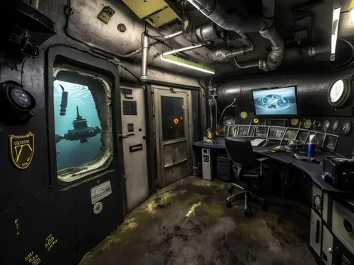 Prompt: Dark Detectives office on submarine