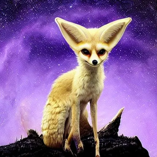 Prompt: alien fennec fox that's made from the stars with soft lavender downy fur