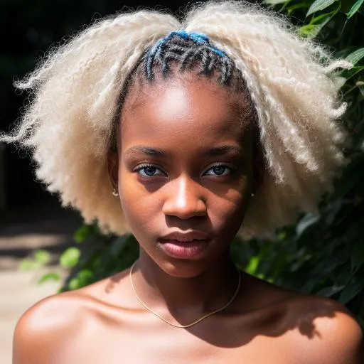 Prompt: albino black girl 20yo, blue eyes, , --c 600