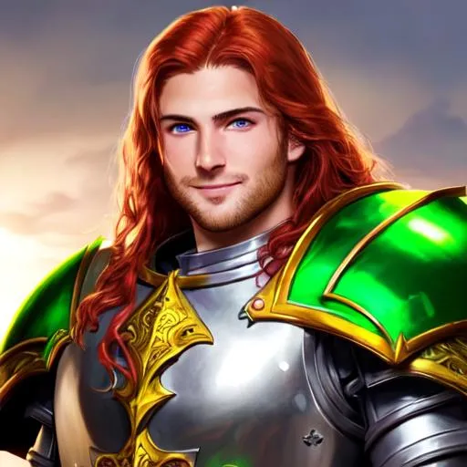 Prompt: Hyper realistic detailed body of male paladin, no beard, young, very detailed symmetrical face, who has bright green eyes and long red hair, wearing heavenly plate mail, slight smile on face