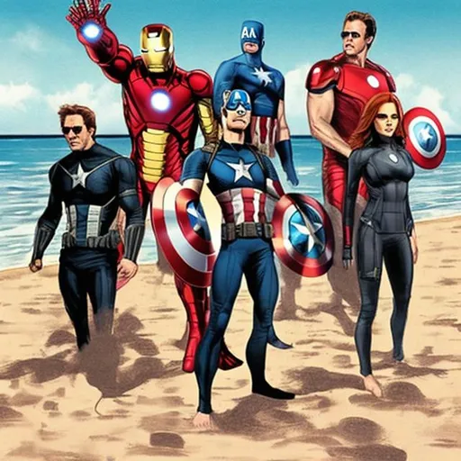 Prompt: The avengers on a beach vacation