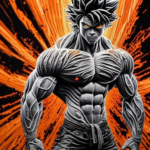 Prompt: 64K masterpiece intricate hyperdetailed breathtaking 3D glowing black oil painting medium portrait of son goku, orange trousers, intricate hyperdetailed muscular body, intricate hyperdetailed muscles, glowing white light reflection on the muscles, hyperdetailed intricate hard standing glowing hair, hyperdetailed glowing angry white eyes, detailed face, white glowing muscles, tan glowing body, tan glowing skin, semi-polaroid monochrome photography, hyperdetailed complex, character concept, hyperdetailed intricate glowing shining glamorous colored water drop floating in the air, very angry, intricate glowing light reflection, intricate hyperdetailed glowing iridescent reflection, strong glowing white light on the hair, contrast white head light, hyperdetailed very strong colored shadowing very strong colored muscle shadow, professional award-winning photography, maximalist photo illustration 64k, resolution High Res intricately detailed, impressionist painting, yellow color splash, illustration, key visual, panoramic, cinematic, masterfully crafted, 8k resolution, stunning, ultra detailed, expressive, hypermaximalist, UHD, HDR, UHD render, 3D render, 64K, hyperdetailed intricate watercolor mix oil painting on the body, Toriyama Akira colored cyberpunk 2077 city skline backround