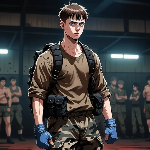 Prompt: A young man. Tall, muscular, pale skin, blue eyes, short brown hair. He wears urban camouflage fatigues, black combat boots, and a black backpack. Gaunt features. Bloody wrapped knuckles. young man at a fight club, highly detailed, HD, dark background
2d studio ghibli anime style, anime scene