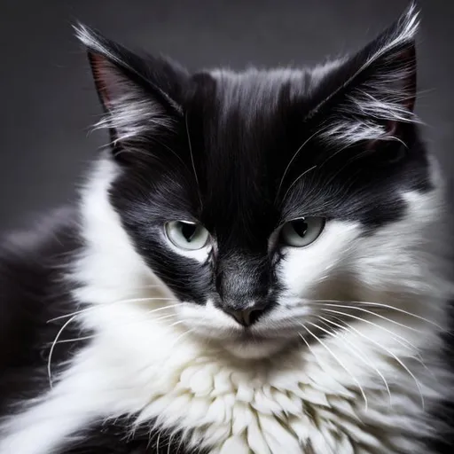 Prompt: fluffy black and white cat portrait, aesthetic highly detailed soft fur and paws, professionally shot photorealistic, fashionable, model cat, kitten, cool,