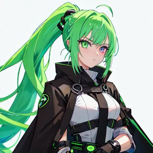 Prompt: She has a long, distinctive neon-green that fades to neon-blue hair in a ponytail, heterochromia eyes, symmetrical, anime wide eyes, as a bounty hunter, long brown cloak, western bounty hunter
