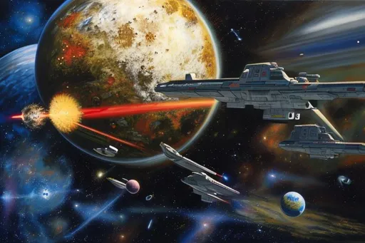 Prompt: phaser, dead, battle, action, war, spaceship, wreck, oil painting, hd quality, UHD, hd , 8k, hyper realism, panned out view resolution, spaceman, ancient, laser, explosion, many colours, spacewar, saucer, ice planet, rotting, rust, pew pew, beam, fire, explosion, dead planet, firepower,