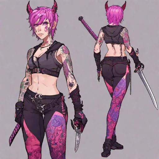 Prompt: Haley as a demon horse hybrid (pink and purple multi-color hair) (multi-color eyes)(she has horse ears) (demon tail), scars covering her body, wearing a crop top and shorts, tattoos on her arms, holding a rapier sword