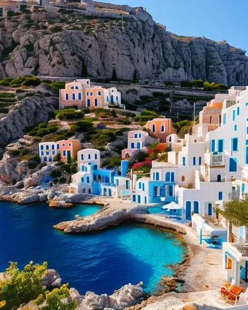 Prompt: The azure waters of the Aegean Sea lap gently against the rocky cliffs and white sand beaches of a Greek island. A classic whitewashed village clings to the hills above.