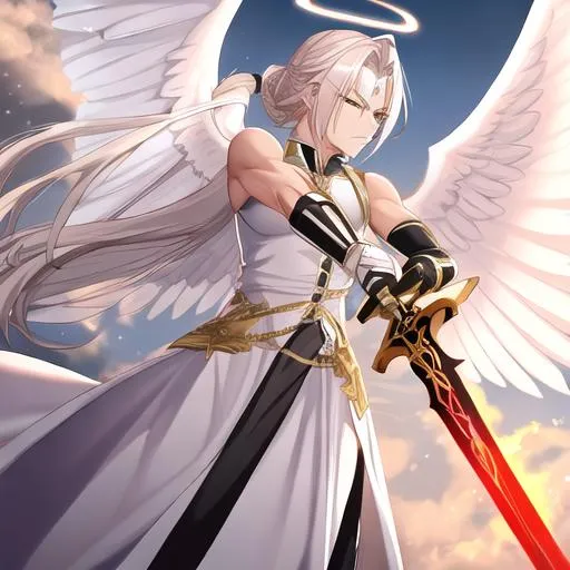 Prompt: 4k  on Tough looking male angel with wings and a halo (detailed face), wielding a holy sword, fighting
