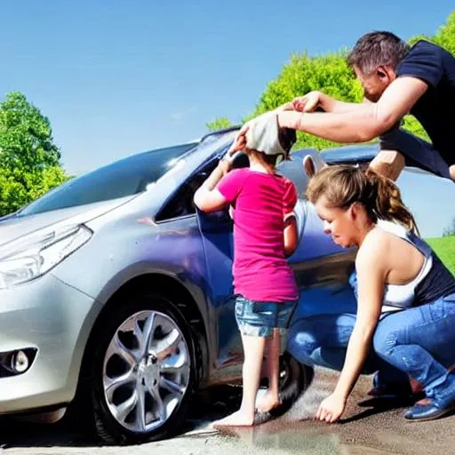 Prompt: A family washing a car
