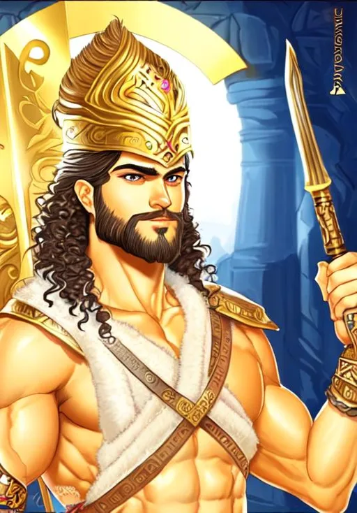 Prompt: Handsome Persian warrior prince with bronze skin, shoulder-length black, curly hair, brown eyes and a beard