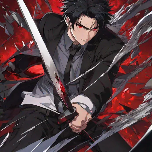 Prompt: Damien (male, short black hair, red eyes) going insane, holding a knife