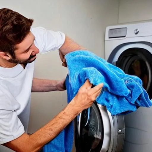 Prompt: Man repairing washing machine with a happy costoumer