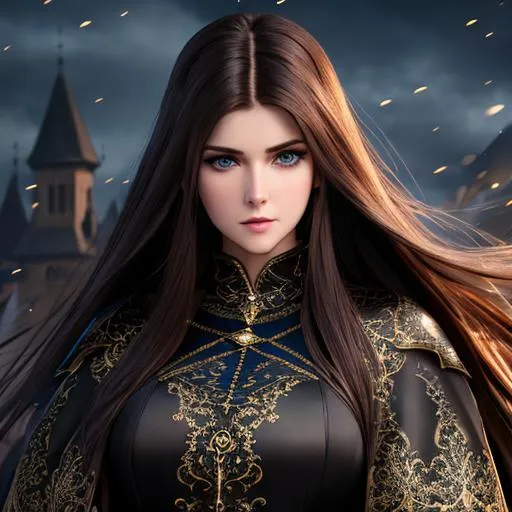 Prompt: {Anna Kendricks}, high resolution face, high definition eyes, detailed eyes, long flowing hair, wearing black medieval dress, sensual pose, 8k, hypermaximalist, elegant, ornate, hyper realistic, anime, dramatic, digital painting, artstation, smooth, sharp focus, dark medieval castle, full body shot, high resolution, dungeons and dragons, frank frazetta style art